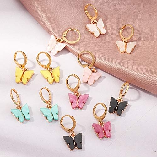 Butterfly Huggie Hoop Earrings Set for Women Girls Cute Colorful Acrylic Gold Plated Dangle Drop Statement Earrings Teen Kids Trendy Jewelry Gift 