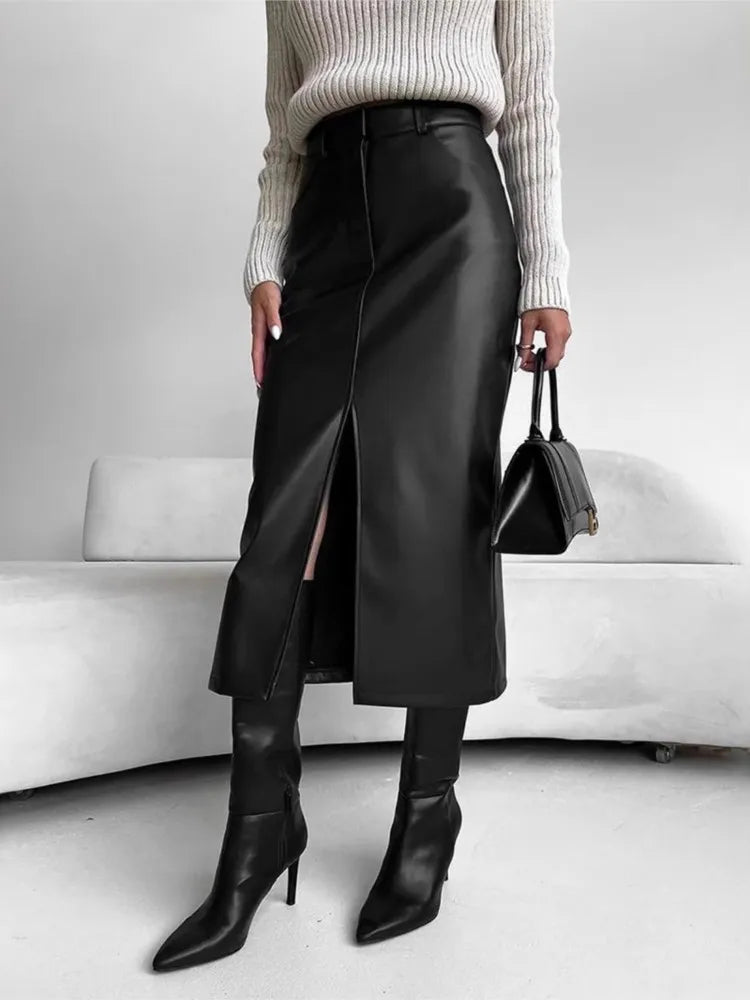 Leather Skirt High Waist Women Front Slit Spring Autumn Long Skirt High Waisted Office Lady Slim Skirts Elegant Women's Clothing