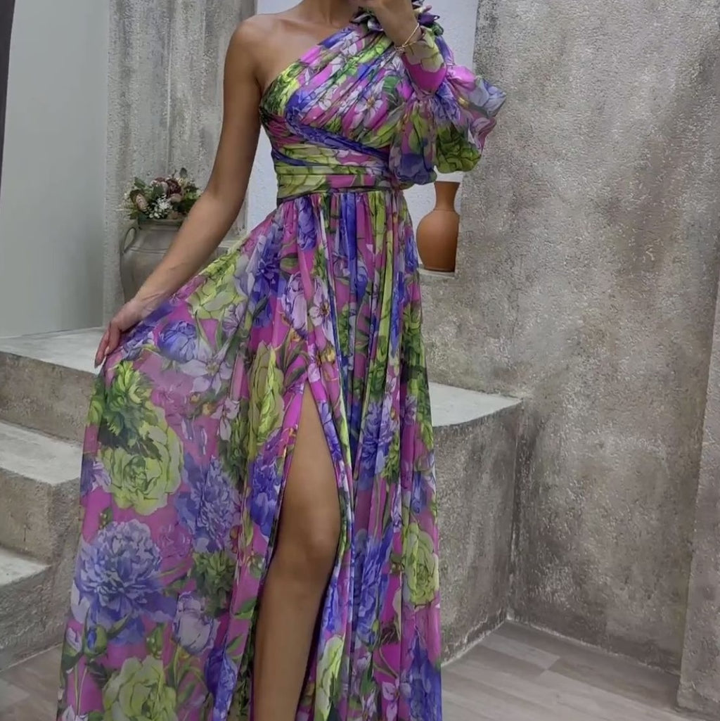 Floral Print Split Maxi Dress Fashion Sexy One-shoulder Long-sleeved Dresses Summer Beach Clothing For Women vestidos mujer