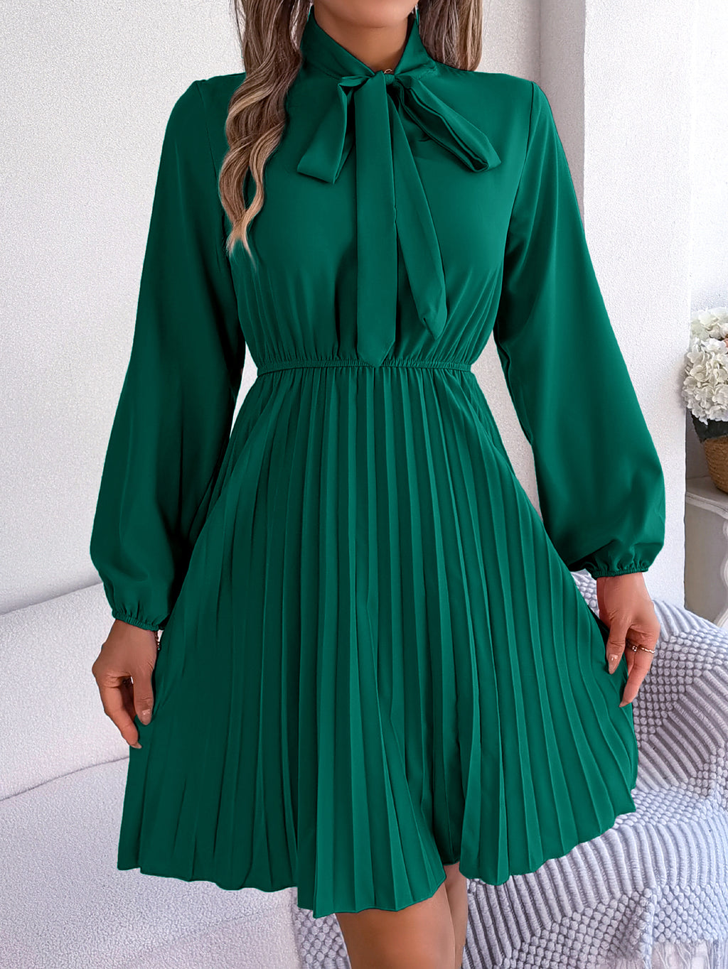 Women's Elegant Tie Waist Long Sleeve Pleated Skirt vestido