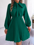 Women's Elegant Tie Waist Long Sleeve Pleated Skirt vestido