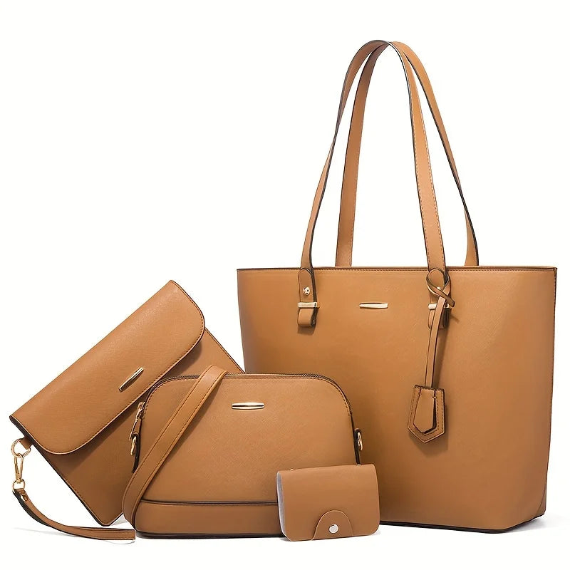 4pcs Fashion Women's Bag Sets Solid Color Tote Handbag Retro Female Crossbody Shoulder Bag Commuting