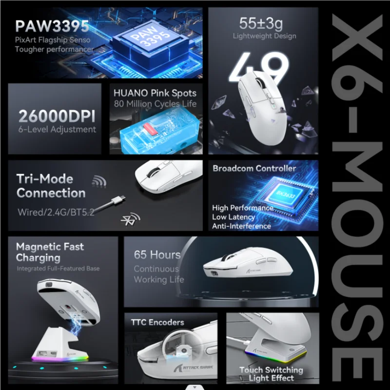 X6 Attack Shark Lightweight Wireless Mouse Up To 26K DPI RGB Backlight Charging Base with Wireless 3 Mode  for Laptop Deskbtop