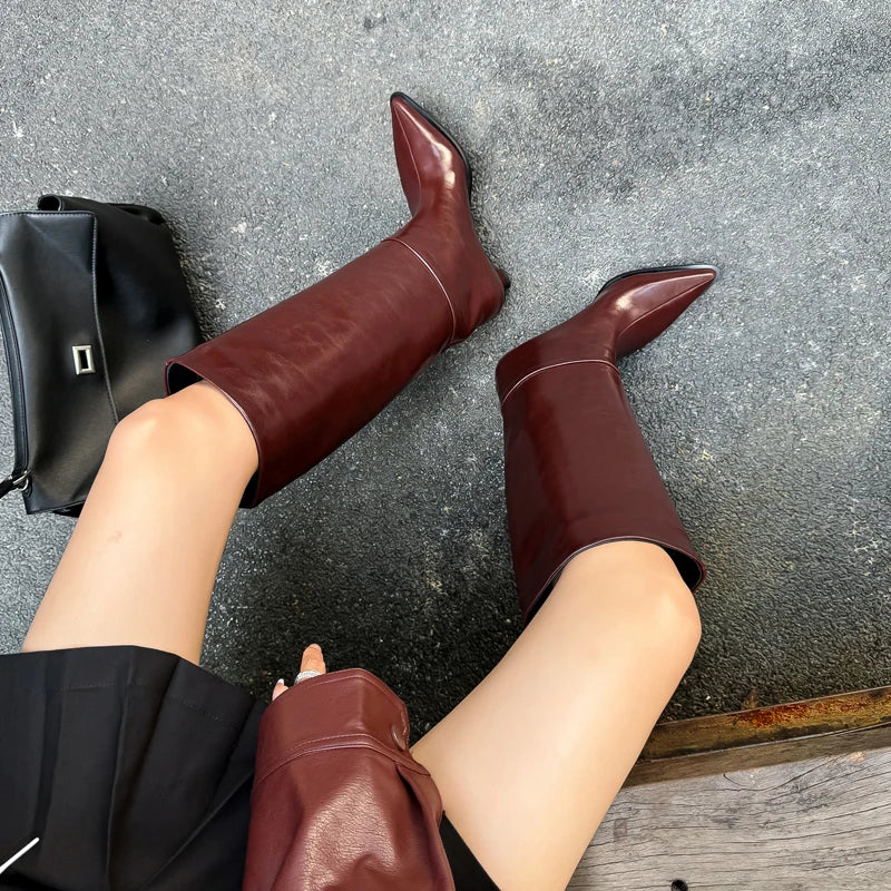 QUTAA Fashion News Women Knee High Boots Pointed Toe Winter Woman Shoes High Heels Cow Leather Long Boots Black Size 34-40
