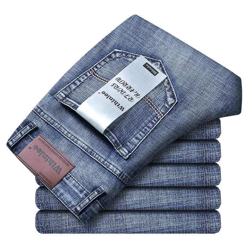 Wthinlee New Business Men's Jeans fleece Casual Straight Stretch Fashion Classic Blue Black Work Denim Trousers Male  Clothing