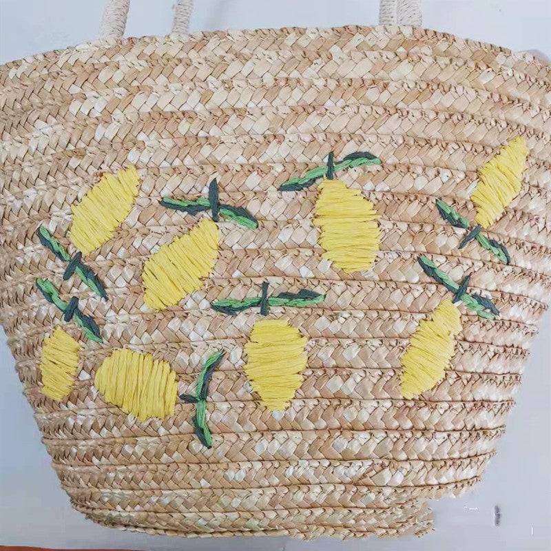 Woven Embroidered Pattern Lemon Mango Tote Shoulder Bag