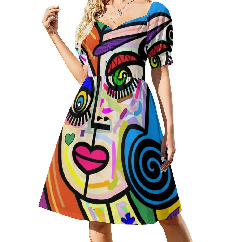 Funky Ladies Abstract Face No 2 Floral Smock Dress For Women Spring Summer Casual Dress For Party Multicolor Picasso Abstract