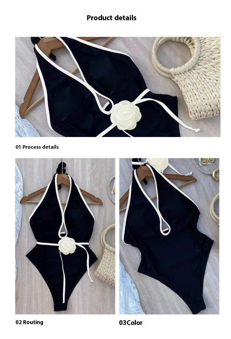 Pure Color Halter Waist Lace Flower Waist Slimming Slim Fit One-piece Sunscreen Women's Swimsuit