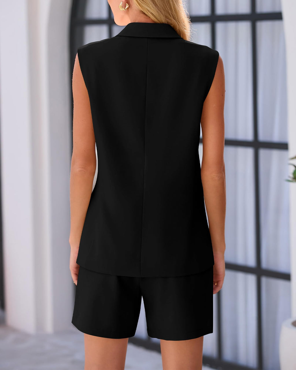 Women Fashion Solid Color Double-Breasted Blazer Sleeveless Two-piece Set
