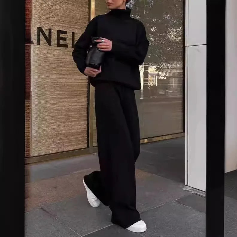 Sets Women Outfits Elegant Turtleneck Long-sleeved Sweater Trouser Suit Solid Color Comfortable Wide Leg Home Conjuntos De Mujer