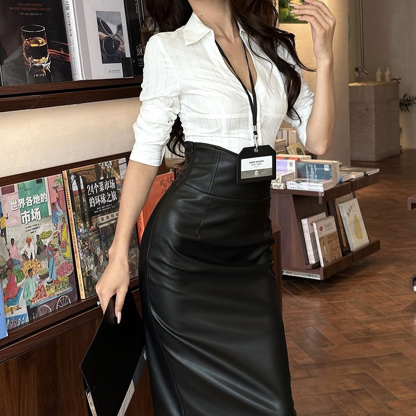 Office Lady Professional Black Leather Skirt Two-Piece Set