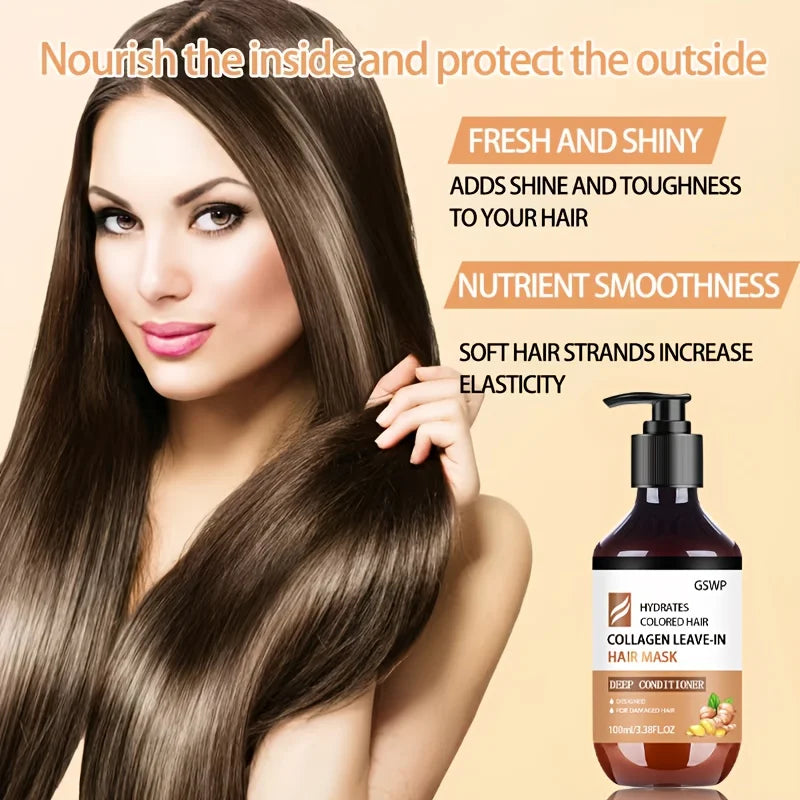 GSWP Collagen Leave-in Hair Mask, containing ginger oil and biotin, deeply moisturizes and smooths frizz.100g