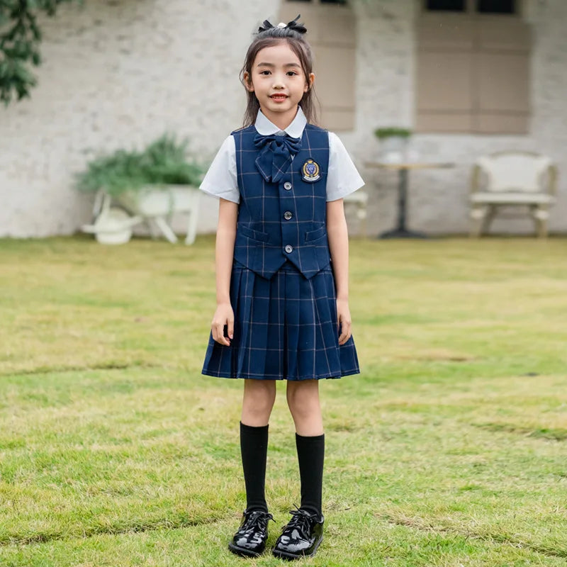 Kids British Plaid Vest Shirt Suit Pants Girls Waistcoat Blouse Skirts Children School Uniform Boys Korean Students Clothes Set
