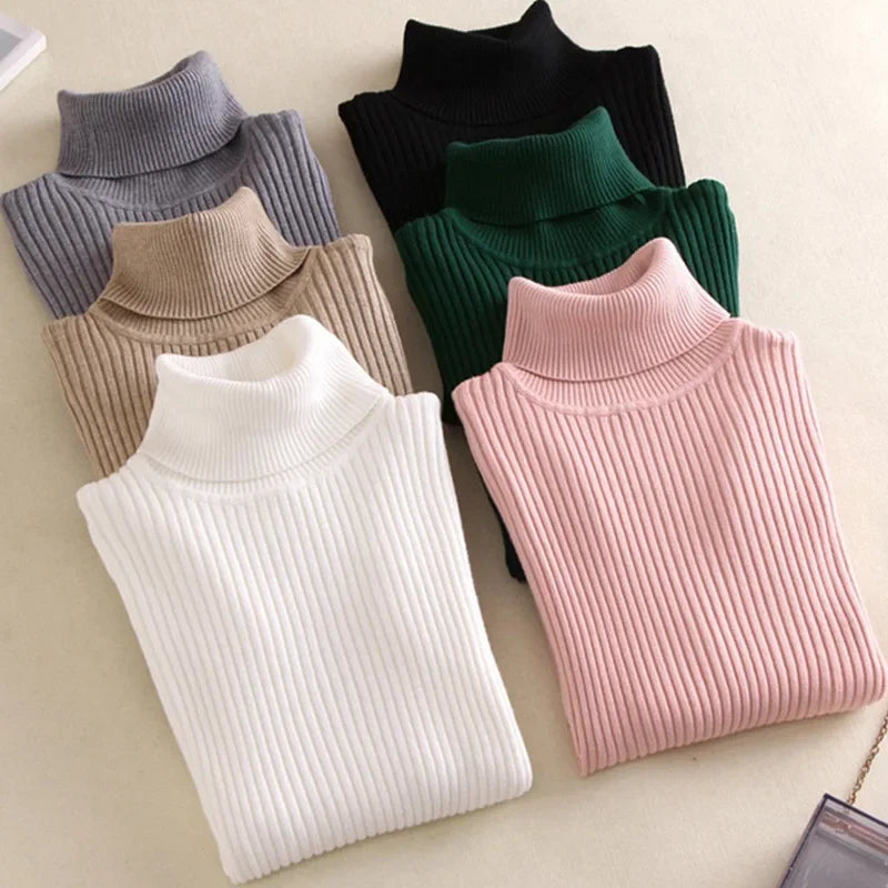 Casual Soft Polo-neck Jumper New Autumn Winter Women Knitted Turtleneck Sweater Fashion Slim Elasticity Solid Ribbed Pullovers 