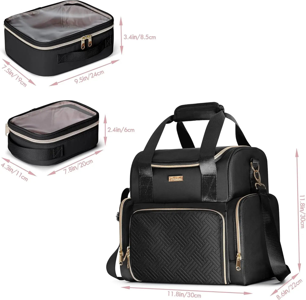 Large Travel Cosmetic Bag with 3 Removable Cases, Double Layer Organizer and Brush Storage in Black