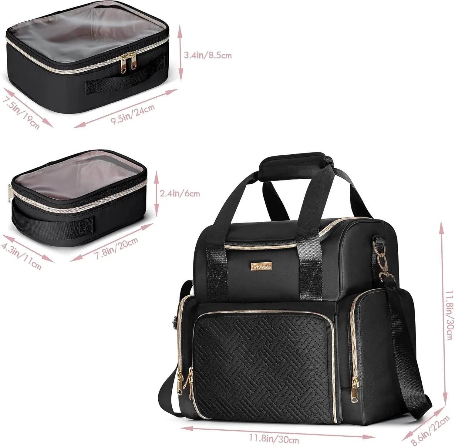 Large Travel Cosmetic Bag with 3 Removable Cases, Double Layer Organizer and Brush Storage in Black