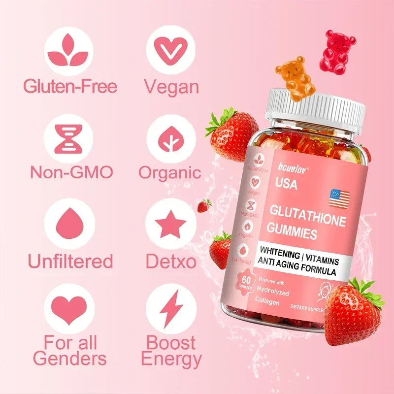 Glutathione Collagen Gummies for Skin Care Health Nails Hair Growth Collagen Protein Supplement, Skin Brightening