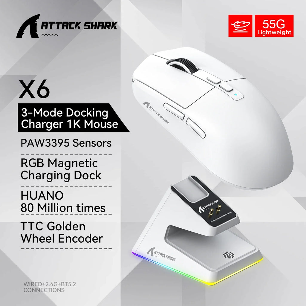 X6 Attack Shark Lightweight Wireless Mouse Up To 26K DPI RGB Backlight Charging Base with Wireless 3 Mode  for Laptop Deskbtop