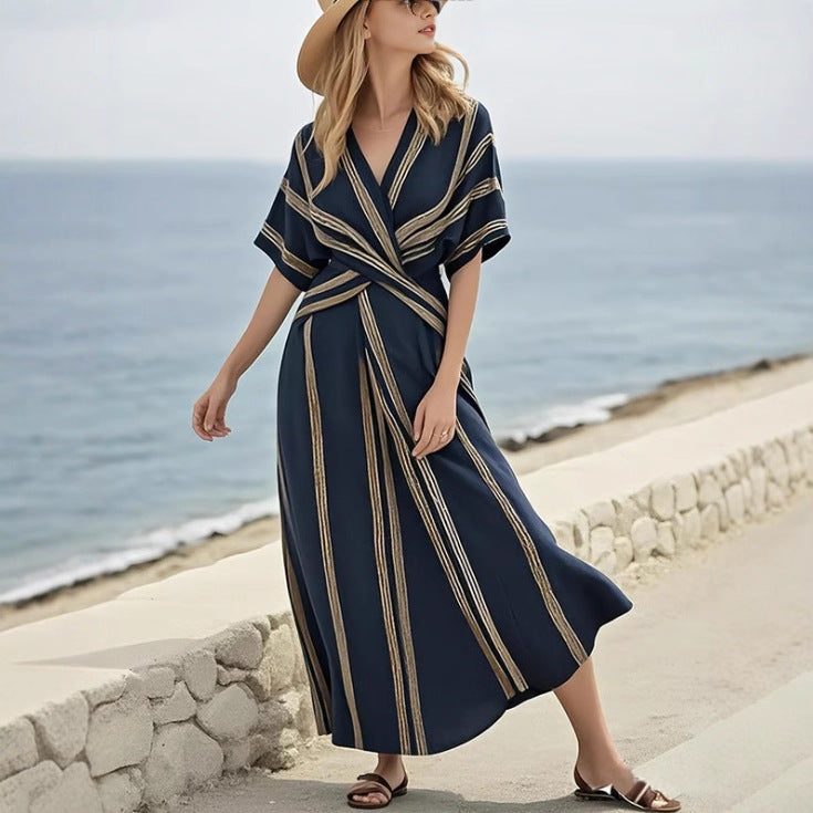 Casual Loose Retro Striped Print Holiday Dress Summer Short Sleeve V Neck Robes Dress Boho Beach Pleated A-Line Long Dress Woman vestido de verano de mujer