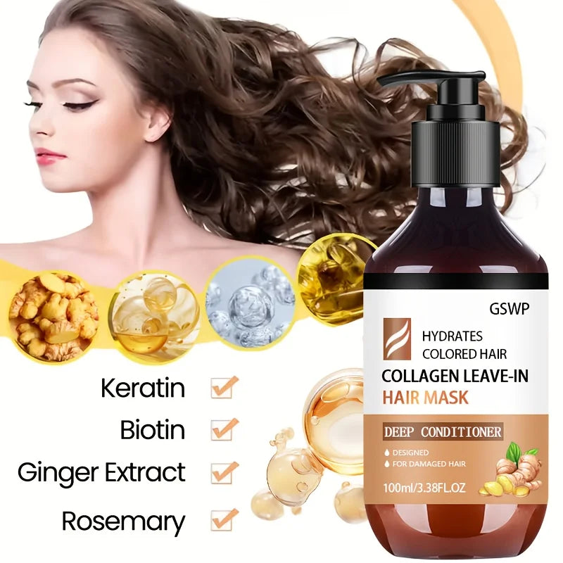 GSWP Collagen Leave-in Hair Mask, containing ginger oil and biotin, deeply moisturizes and smooths frizz.100g