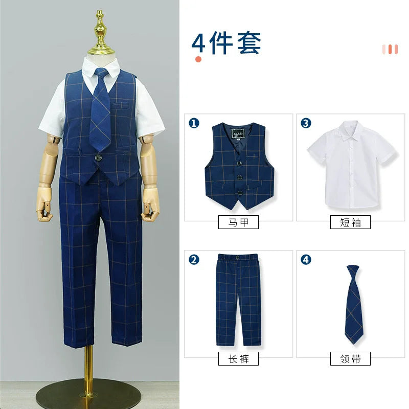Kids British Plaid Vest Shirt Suit Pants Girls Waistcoat Blouse Skirts Children School Uniform Boys Korean Students Clothes Set