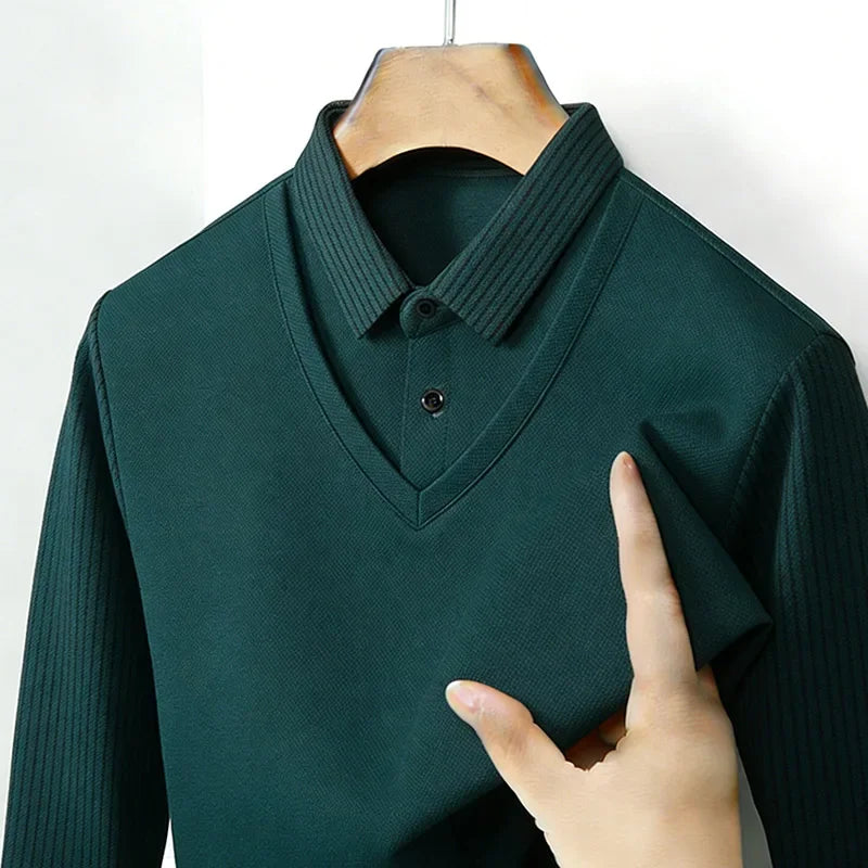 Men's Fake Two Piece Shirt Collar V Neck Long Sleeve Top Khaki Striped Casual Fashion Soft Fabric Daily Wear Blou 