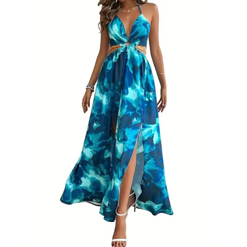 Elegant Womens Floral Print Halter V-neck Backless Side-Slit Dress Cut Out Waist Chain Sleeveless High Side Split Fit Flare Maxi Long Dresses vestido floral elegante.