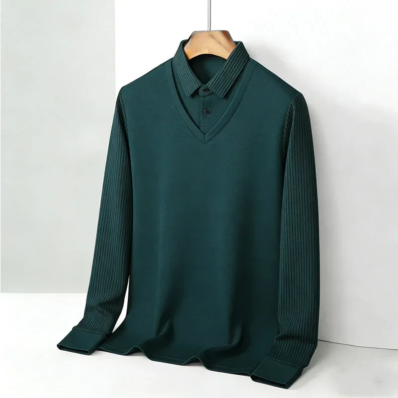 Men's Fake Two Piece Shirt Collar V Neck Long Sleeve Top Khaki Striped Casual Fashion Soft Fabric Daily Wear Blou 