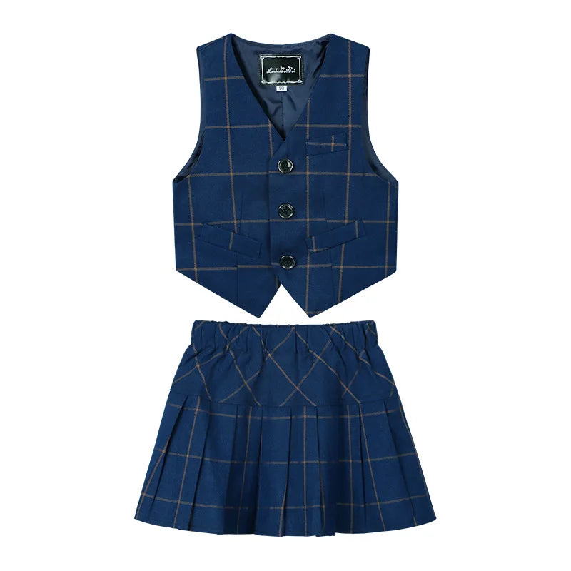 Kids British Plaid Vest Shirt Suit Pants Girls Waistcoat Blouse Skirts Children School Uniform Boys Korean Students Clothes Set