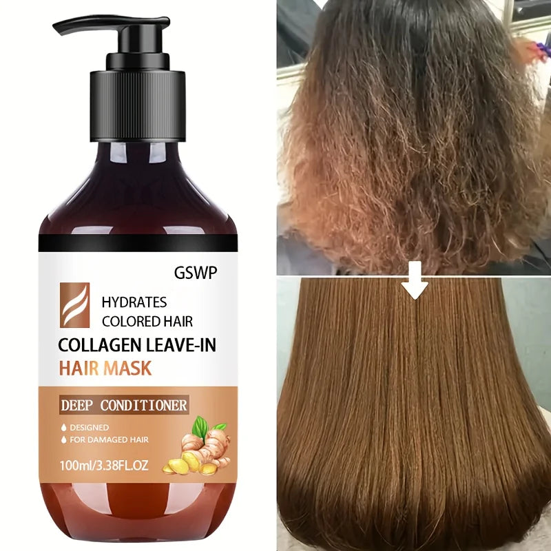 GSWP Collagen Leave-in Hair Mask, containing ginger oil and biotin, deeply moisturizes and smooths frizz.100g