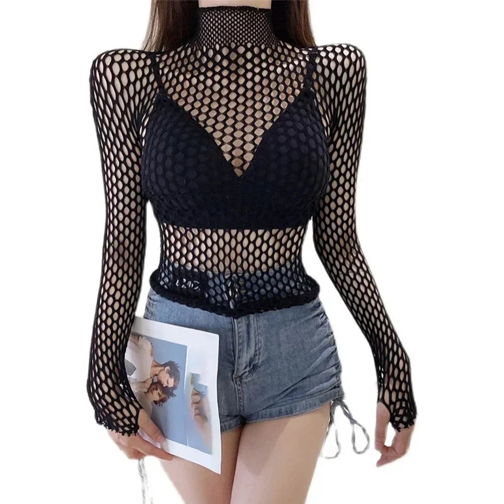 Womens Sexy Mesh Long Sleeve Fishnets Tops Fun Fashion Slim Fit Tops Hollow Out See Through Loose Female T-shirts Crop soft Top 