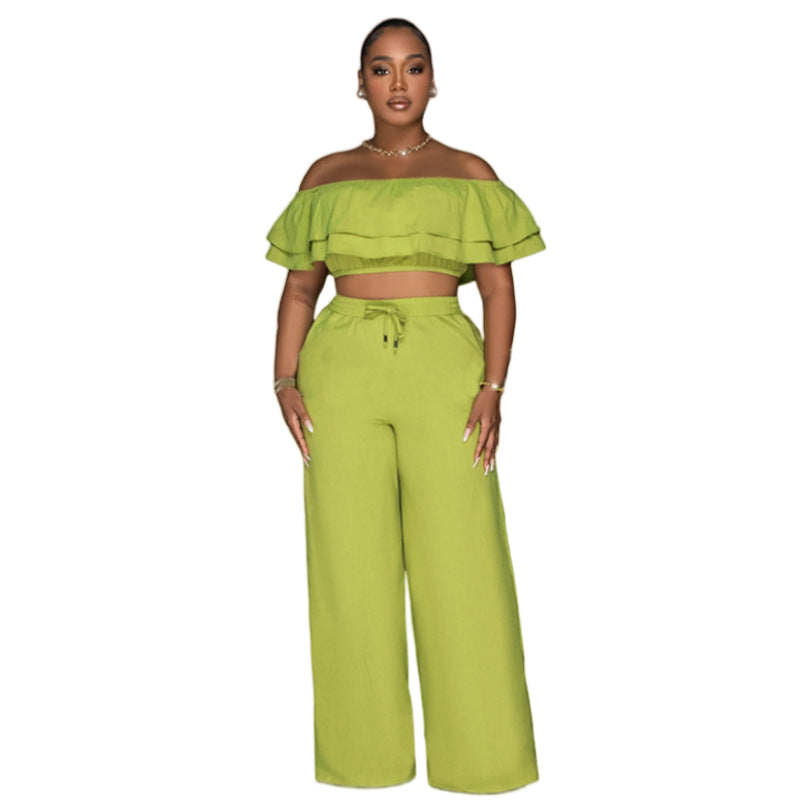 Off-shoulder Ruffled Short Top And Wide-leg Long Pants Set