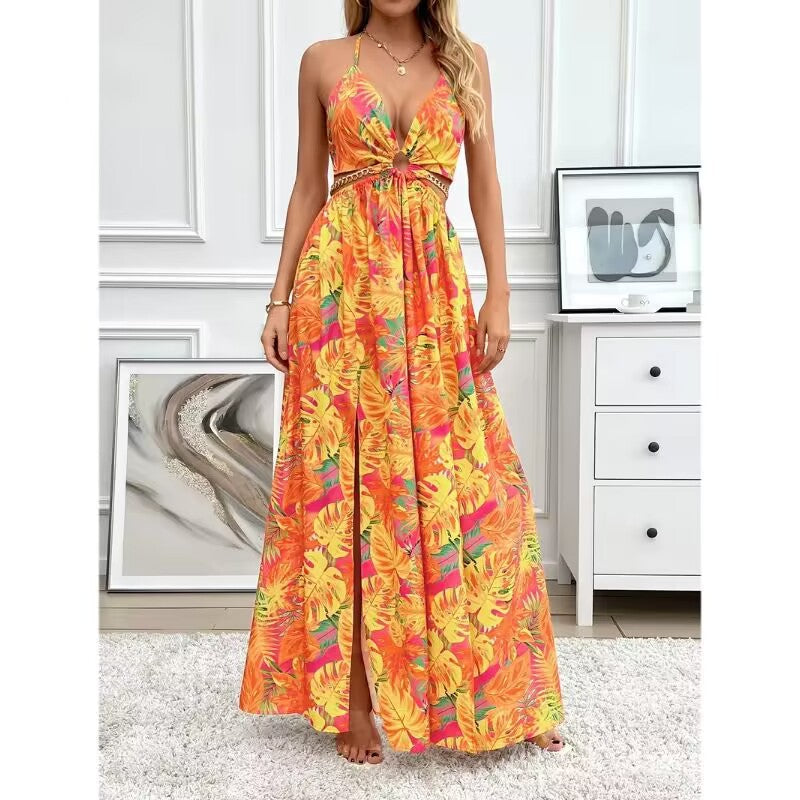 Elegant Womens Floral Print Halter V-neck Backless Side-Slit Dress Cut Out Waist Chain Sleeveless High Side Split Fit Flare Maxi Long Dresses vestido floral elegante.