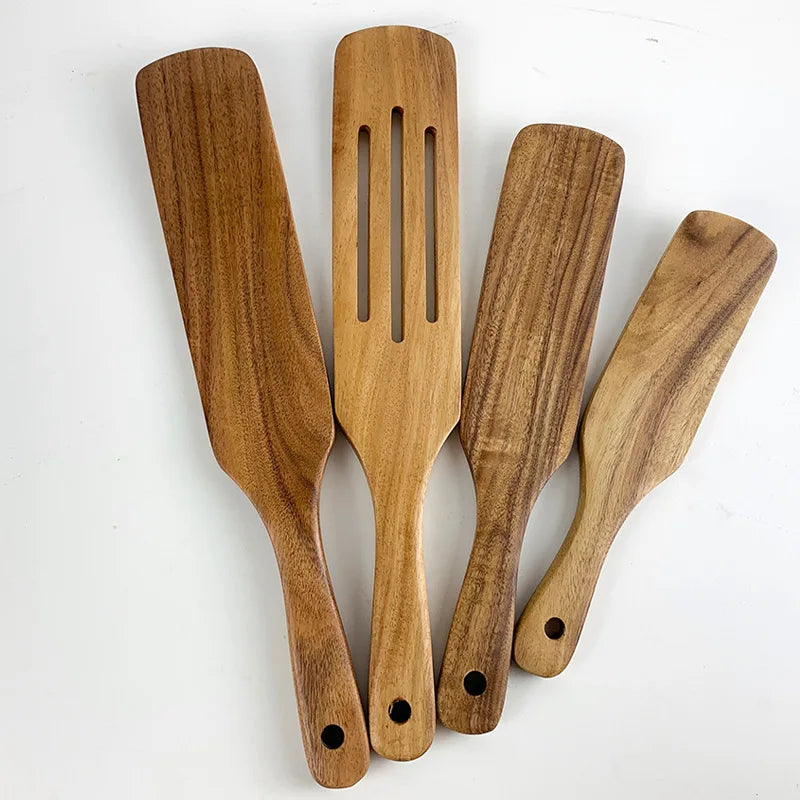 1-5pcs Slotted Spurtle Spatula Sets for Stirring  Natural Teak Kitchen Utensil Set Heat Resistant Non Stick Wood Cookware