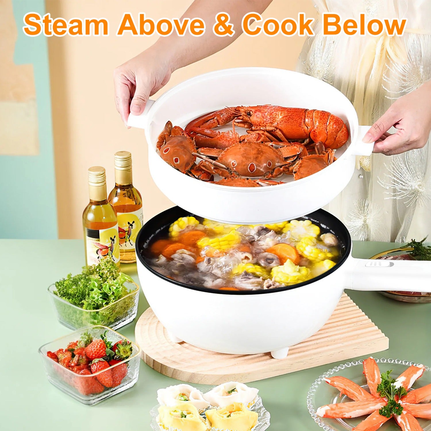 Electric Hot Pot Non-Stick Frying Pan Portable Rapid Noodles Cooker With Long Handle Steamer Spatula Dual Power Control Overheat Dry-Boil Protection For College Dorm Room Essential For Food Prepare