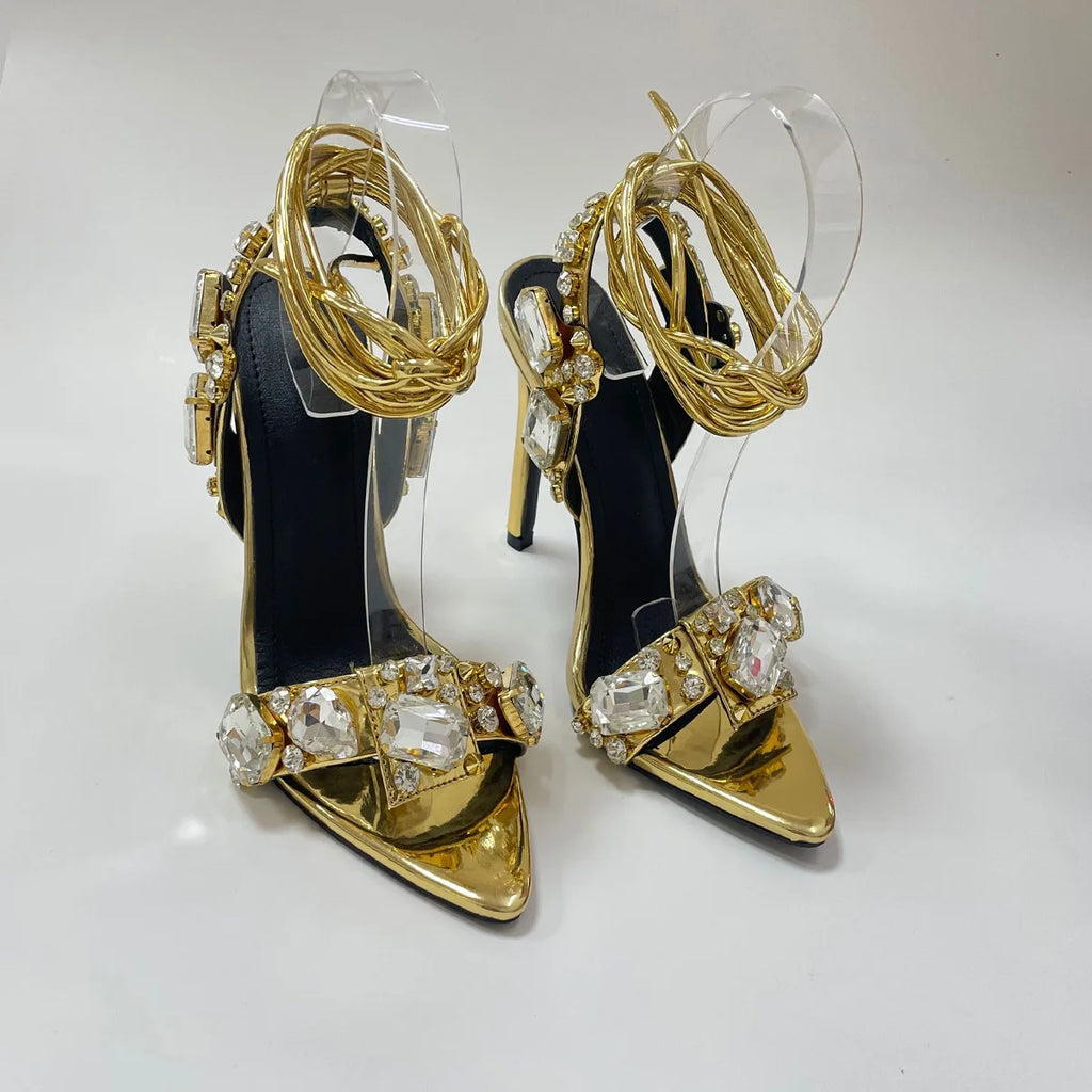 Sexy Ankle Strap Golded Sandals Women Party Nightclub Stripper Heels High Quality Crystal Diamond Pointed Toe Wedding Shoe