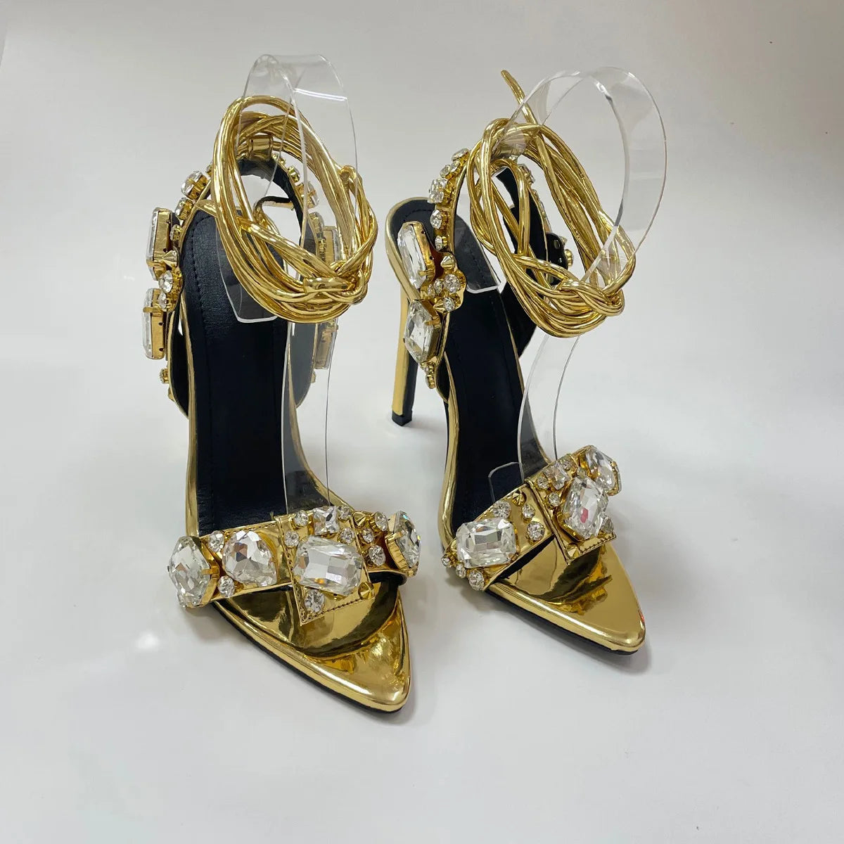 Sexy Ankle Strap Golded Sandals Women Party Nightclub Stripper Heels High Quality Crystal Diamond Pointed Toe Wedding Shoe