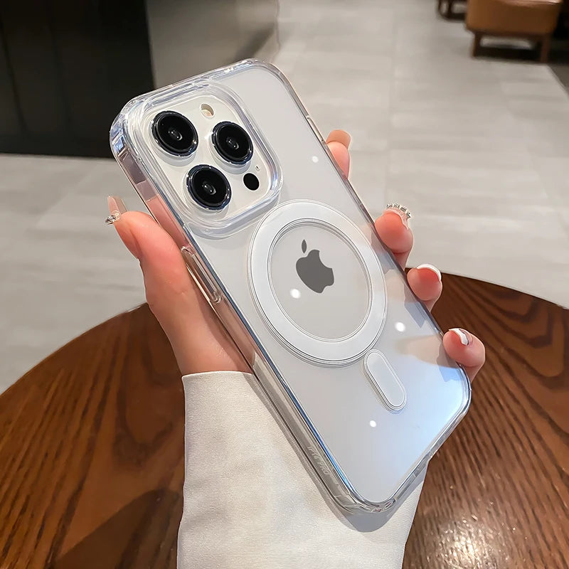 For Magesafe Magnetic Transparent Wireless Charging Case For iPhone 11 12 13 14 15 16 17 Air Pro Max Plus Mini Shockproof PC Cover 