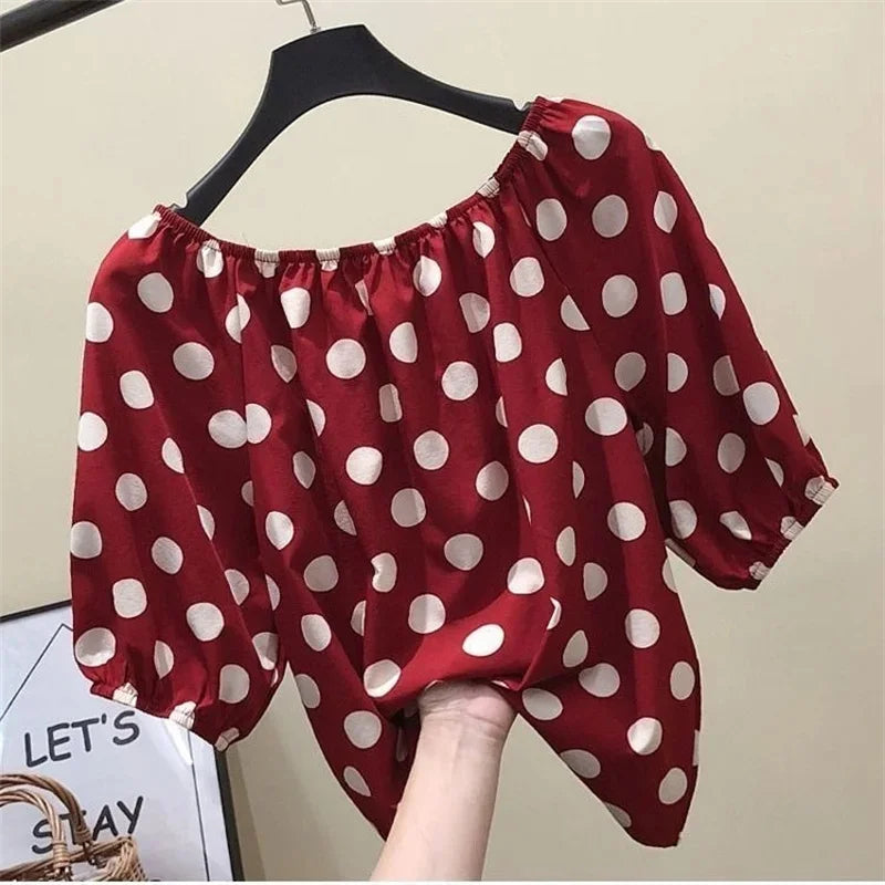 Women Spring Summer Style Loose Blouses Shirts Lady Casual Slash Neck Polka Dot Printed Blouses Tops