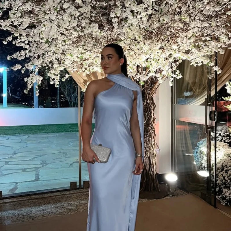 Sexy Satin Ribbon Party Dress Women Elegant Halter Backless Off Shoulder Sleeveless Female Dresses 2024 Summer Solid Robe Gown 