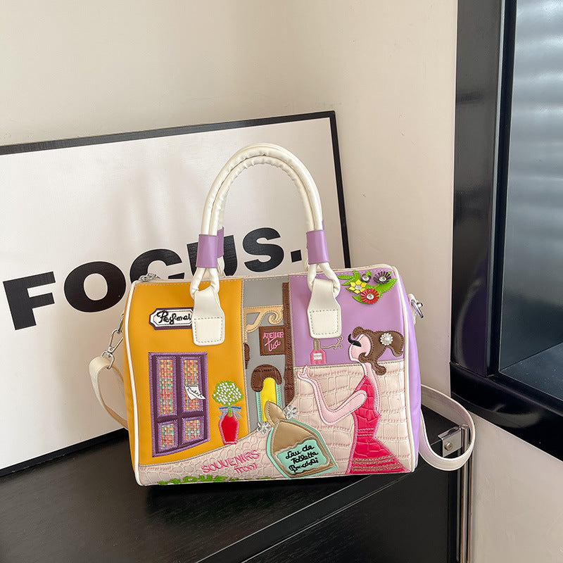 High-capacity Premium Boston Bag With Embroidered Patchwork Design