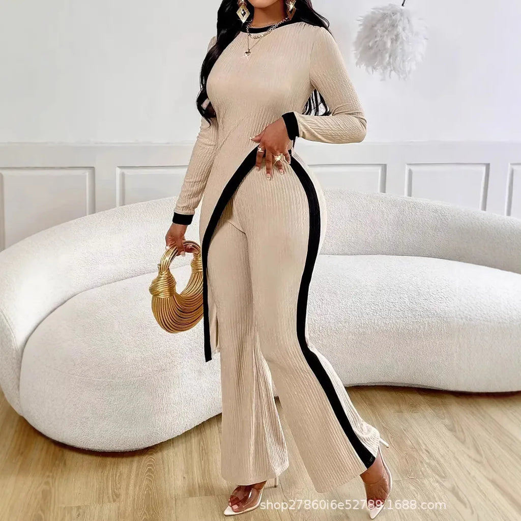 New Women's Sets 2 Pieces Elegant Round Neck Slim Irregular Sexy Solid Color Top + Wide-leg Loose Trousers Ladies Clothes