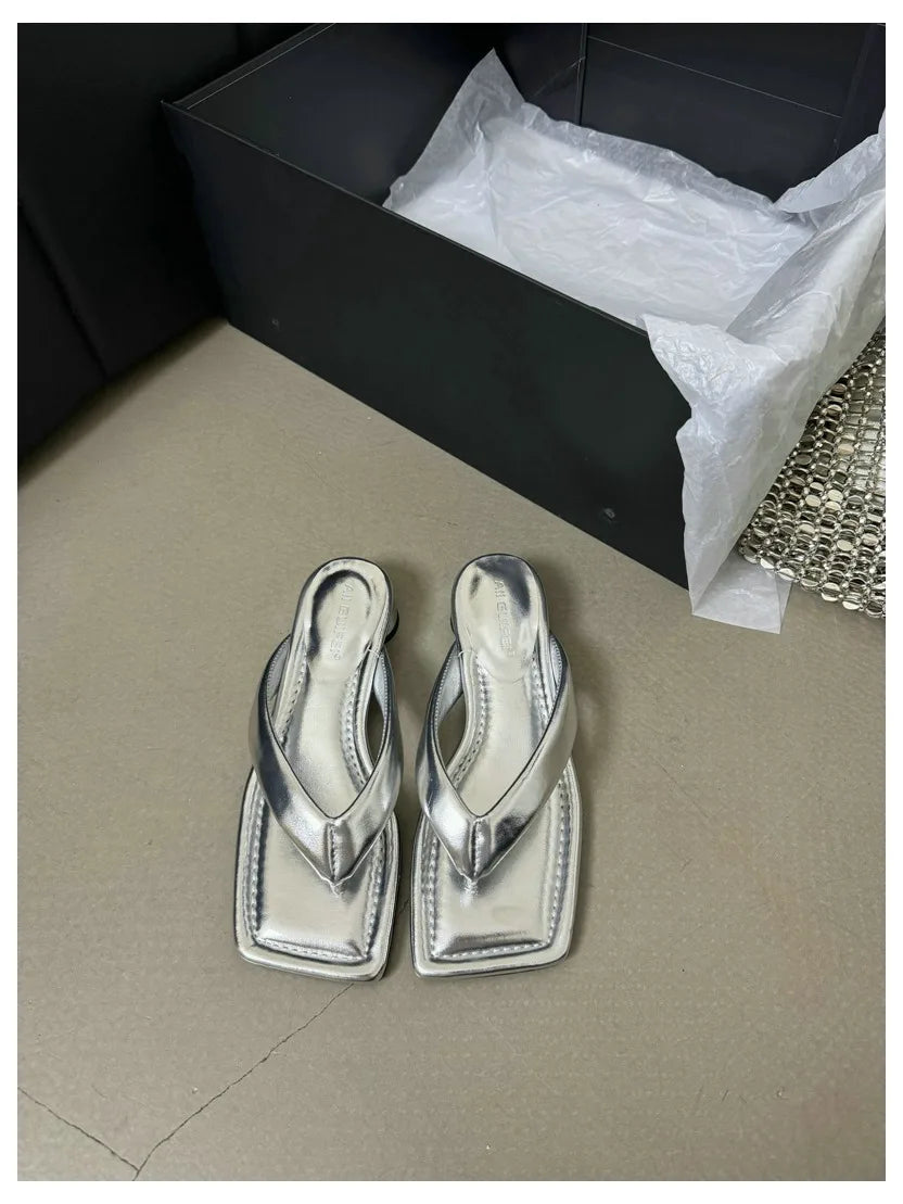 2024 Fashion Square Toe Low Heels Slippers Women Casual Narrow Band Sandals Brand Slide Slip On Beach Flip Flops Sandalias Mujer