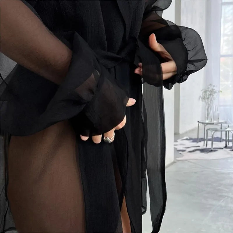 Black Sheer Trench Coat Women 2025 New Long Sleeve Belted Loose Fit Sheer Blouse Casual Streetwear Autumn Sheer Outerwear Dress