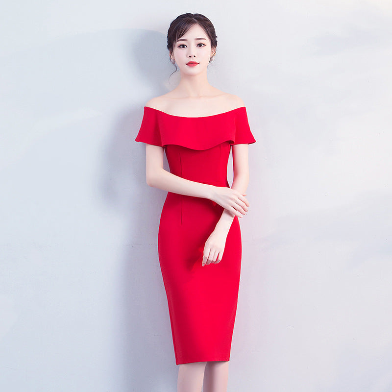 Ruffled off-shoulder slim slim dress dress vestido