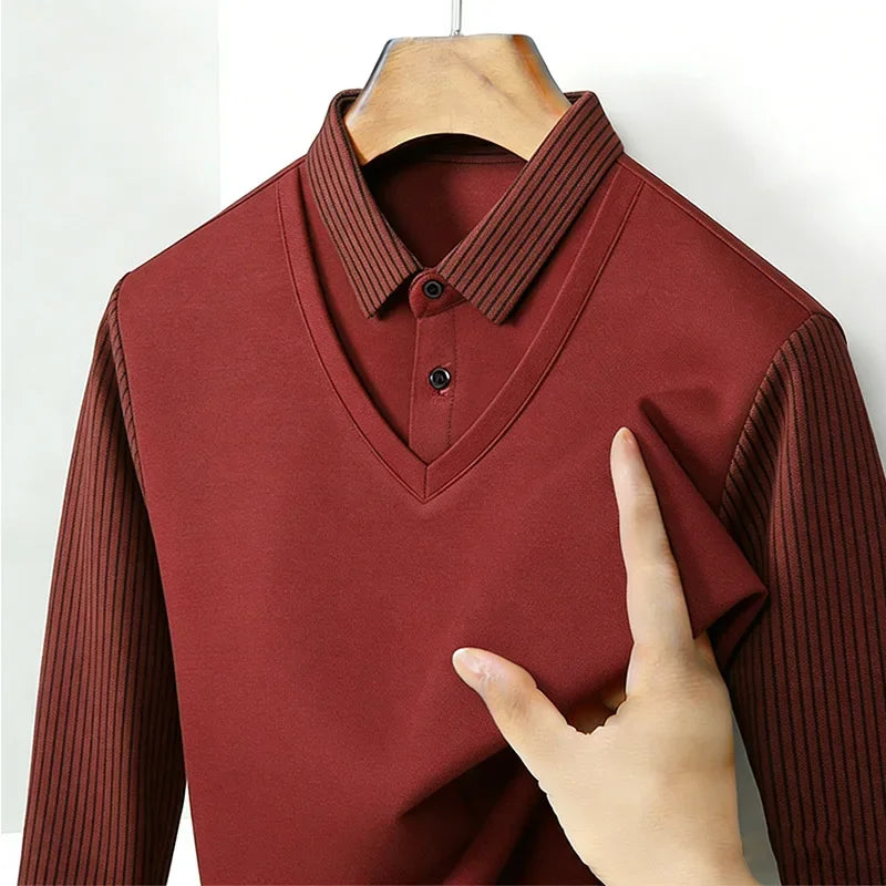 Men's Fake Two Piece Shirt Collar V Neck Long Sleeve Top Khaki Striped Casual Fashion Soft Fabric Daily Wear Blou 