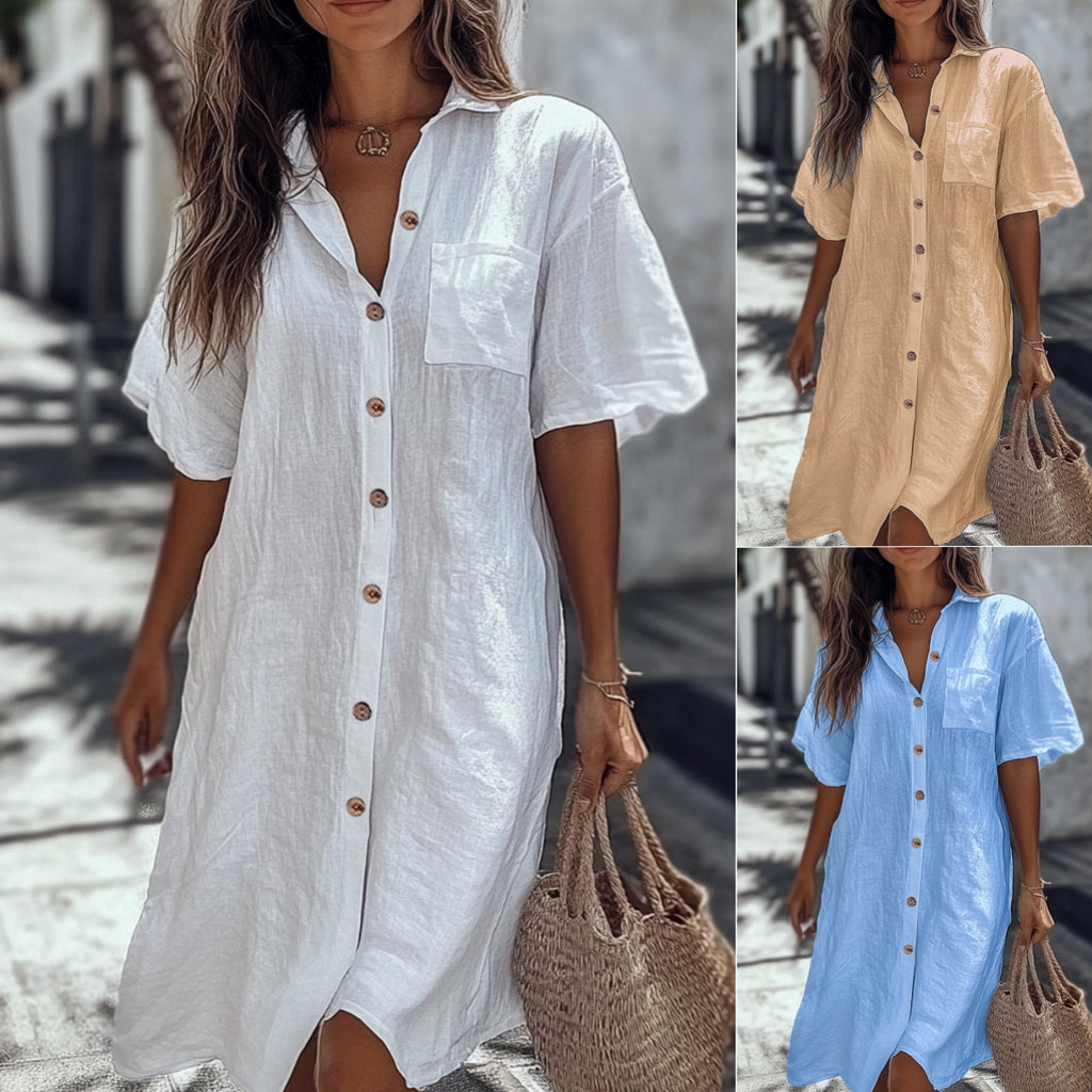 Casual Solid Shirt Dress Lady Fashion Short Sleeve Button Loose Dresses Women Elegant Office Skirt Womens Clothing Summer camisa manga corta de verano mujer.