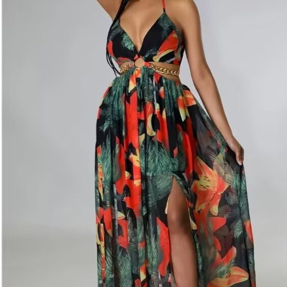 Elegant Womens Floral Print Halter V-neck Backless Side-Slit Dress Cut Out Waist Chain Sleeveless High Side Split Fit Flare Maxi Long Dresses vestido floral elegante.