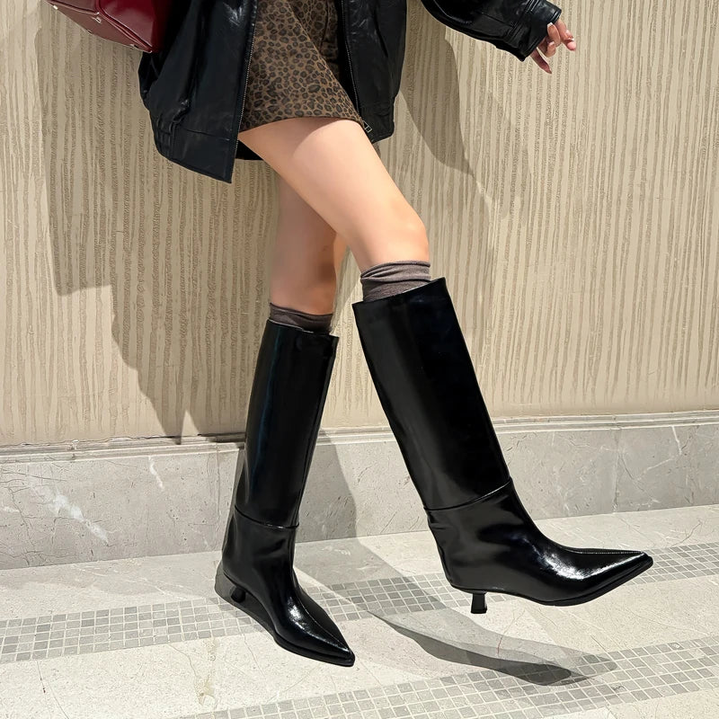 QUTAA Fashion News Women Knee High Boots Pointed Toe Winter Woman Shoes High Heels Cow Leather Long Boots Black Size 34-40