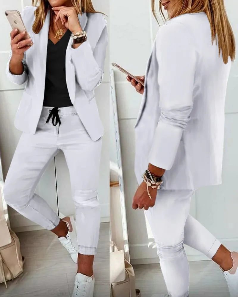 Office Lady Blazer And Lace-Up Pants Two Piece Set 2024 New Casual Fashion Solid Color Women's Set Conjuntos De Mujer Streetwear